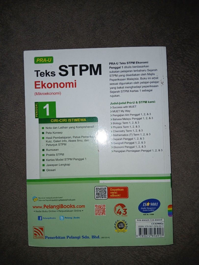 Teks STPM Ekonomi Penggal 1 (Microeconomics) PRA-U Pelangi Books (Category: Textbooks) located in Kuala Lumpur. Submitted by ieyrrah (Listing ID 1450529981, Image 2). Description: - STPM Ekonomi Textbook for Penggal 1 (Microeconomics) - PRA-U Edition by Pelangi Books - Proven Bestseller: Over 1,000,000 copies sold - Comprehensive coverage of the microeconomics syllabus - Essential resource for STPM students.