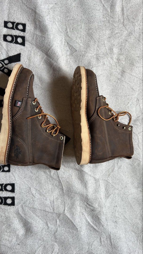 Thorogood American Heritage Moc Toe Boots (Category: Boots) located in Cagayan de Oro. Submitted by nelsondel21723 (Listing ID 1450561815, Image 2). Description: - Thorogood American Heritage moc toe boots - Size US 7.5 - Fits size 8.5 - Rich brown leather upper - White crepe sole with Vibram for excellent traction - Secure lace-up closure - Proudly Made in USA - Built for durability and long-lasting wear.