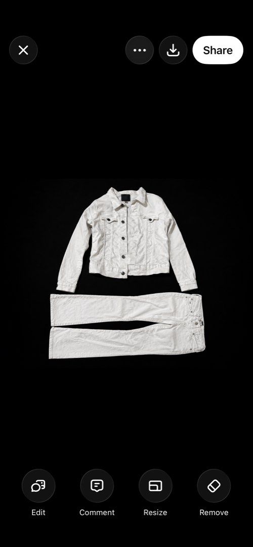 True Religion White Denim Jacket and Jeans Set (Category: Coats, Jackets and Outerwear) located in Manila. Submitted by yves2ks (Listing ID 1450729403, Image 1). Description: - White denim jacket and bootcut jeans set - Jacket features button closure and pockets - Jeans have a classic five-pocket design - Made from a comfortable cotton and elastane blend - Ideal for creating a stylish casual look.