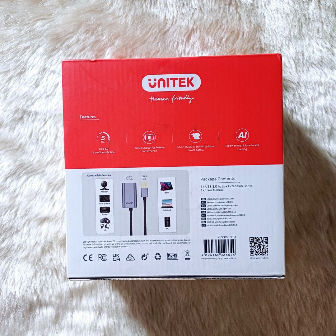 Unitek USB 3.0 Active Extension Cable 10M (Category: Cables & Adaptors) located in Pasig City. Submitted by eden_online_shop (Listing ID 1450623873, Image 2). Description: - Unitek USB 3.0 Active Extension Cable - Extends USB connection up to 10 meters - Supports SuperSpeed 5Gbps data transfer - Ideal for connecting devices from a distance - Plug and play, no drivers required - Includes cable and user manual - Box opened but not used.
