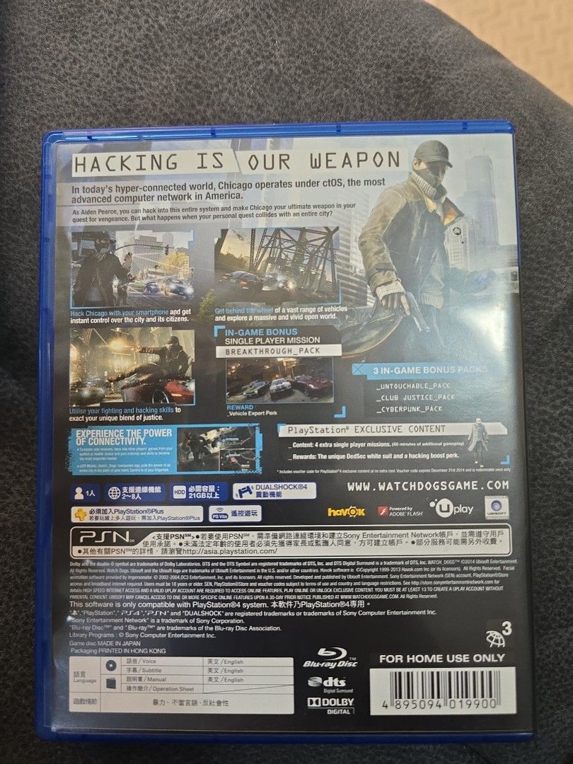 Watch Dogs PS4 Game (Category: PlayStation) located in Pasig City. Submitted by cesar2 (Listing ID 1450578211, Image 2). Description: - Watch Dogs for PlayStation 4 - Explore a hyper-connected Chicago - Play as Aiden Pearce, a vigilante hacker - Hack into the city's infrastructure - Includes 60 minutes of exclusive gameplay - Get it now!.