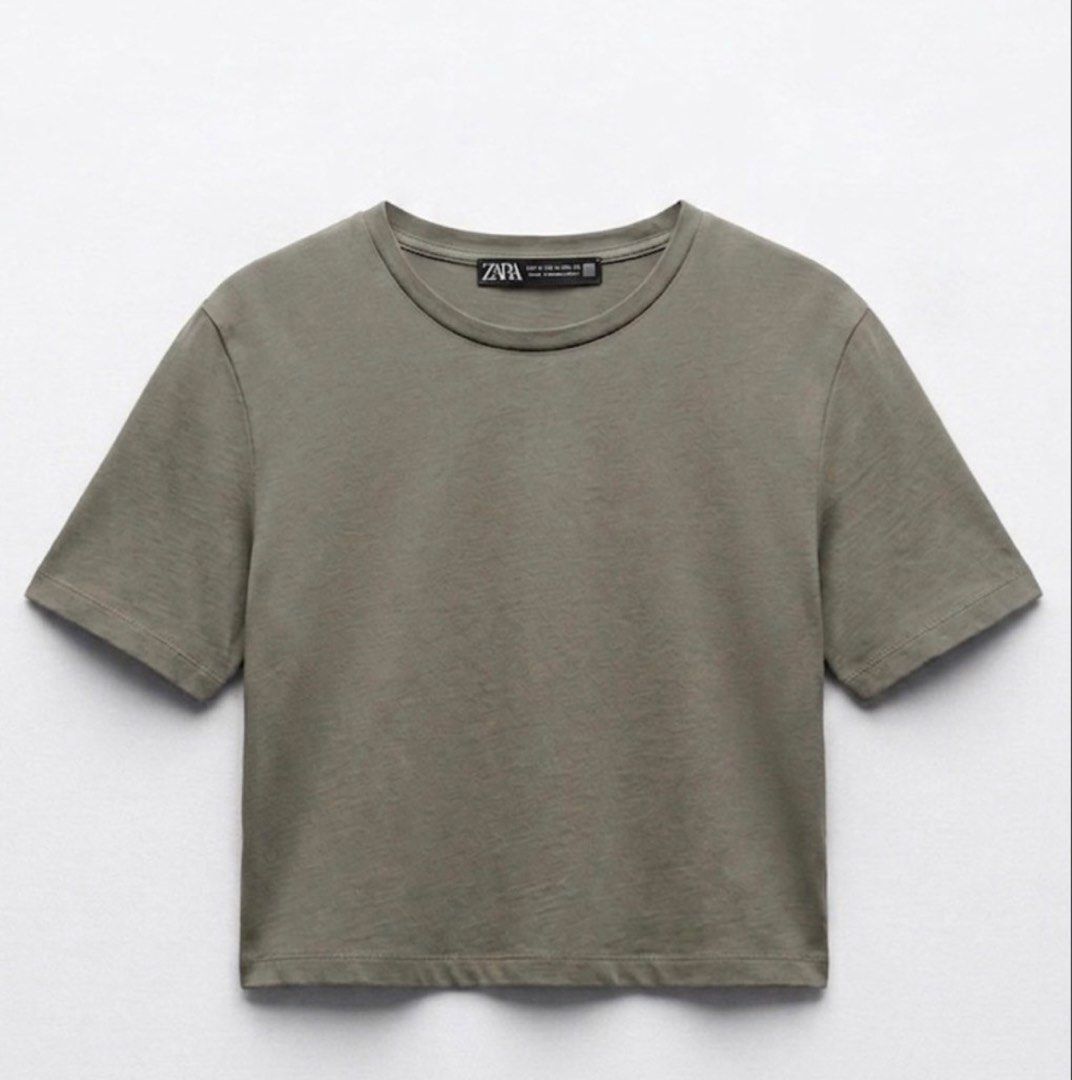 ZARA Basic Crop Top Shirt in Taupe Gray Grey (Category: Shirts) located in Cainta. Submitted by miren_closet (Listing ID 1450695763, Image 1). Description: .