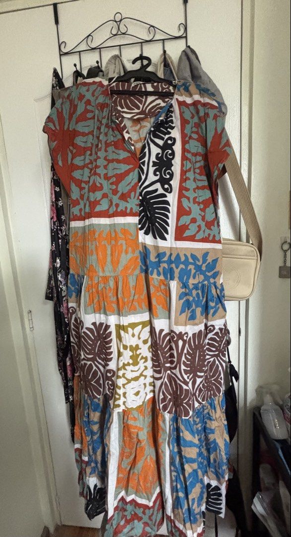 ZARA Patchwork Print longDress Size L (Category: Dresses) located in Malabon City. Submitted by pjarme (Listing ID 1450534230, Image 2). Description: - Zara Long Dress - Size: L but fits up to XXL - Design: Colorful patchwork print with various motifs - V-neck with pockets on both sides - Sleeves: Short sleeves - Skirt: Tiered with ruffled hem - Measurements: Approx. 24 inches across the chest - Occasion: Casual outings, beach vacation Worn only 