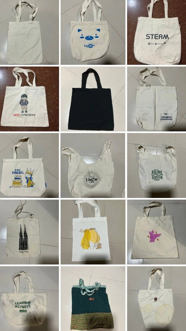 Assorted ukay tote bags (panimula) (Category: Tote Bags) located in Guagua. Submitted by eacords (Listing ID 1447280420, Image 3). Description: Take all sale! 50 pcs canvas tote bags for just ₱2,000 Perfect for resellers or pang live selling. All bags are in EUC. Mostly ng items pwedeng ibenta ng ₱150 and up. RFS: busy with baby / no time magbenta Location: Pampanga.