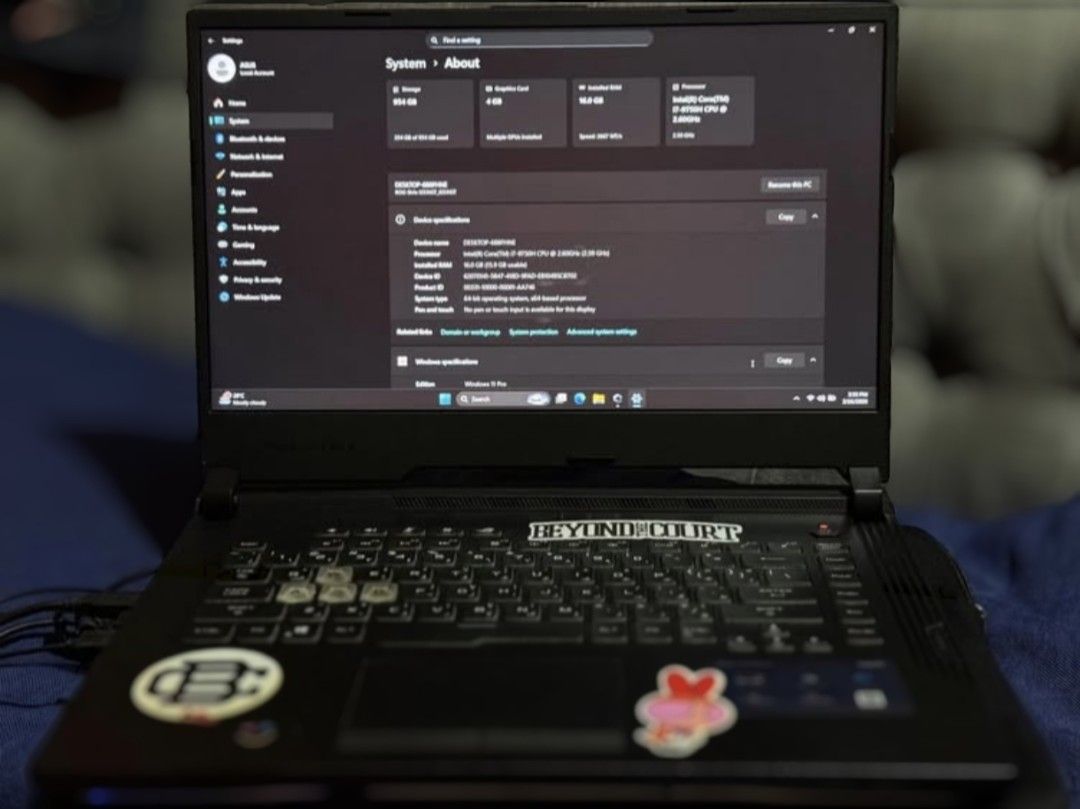 Asus ROG Strix G G531GT-AL001T (Category: Laptops & Notebooks) located in Quezon City. Submitted by blanc0_ (Listing ID 1447126192, Image 2). Description: FOR SALE ASUS ROG Strix G G531GT-AL001T • 15.6” Full HD (1920×1080) 120Hz Display • Intel Core i7-9750H (9th Gen) • NVIDIA GeForce GTX 1650 4GB • 8GB DDR4 RAM • 256GB NVMe SSD + 1TB HDD • RGB Backlit Keyboard (Aura Sync) • Windows 11 PRO • Built-in Wi-Fi & Bluetooth CONDITION / NOTES: • Touchpa