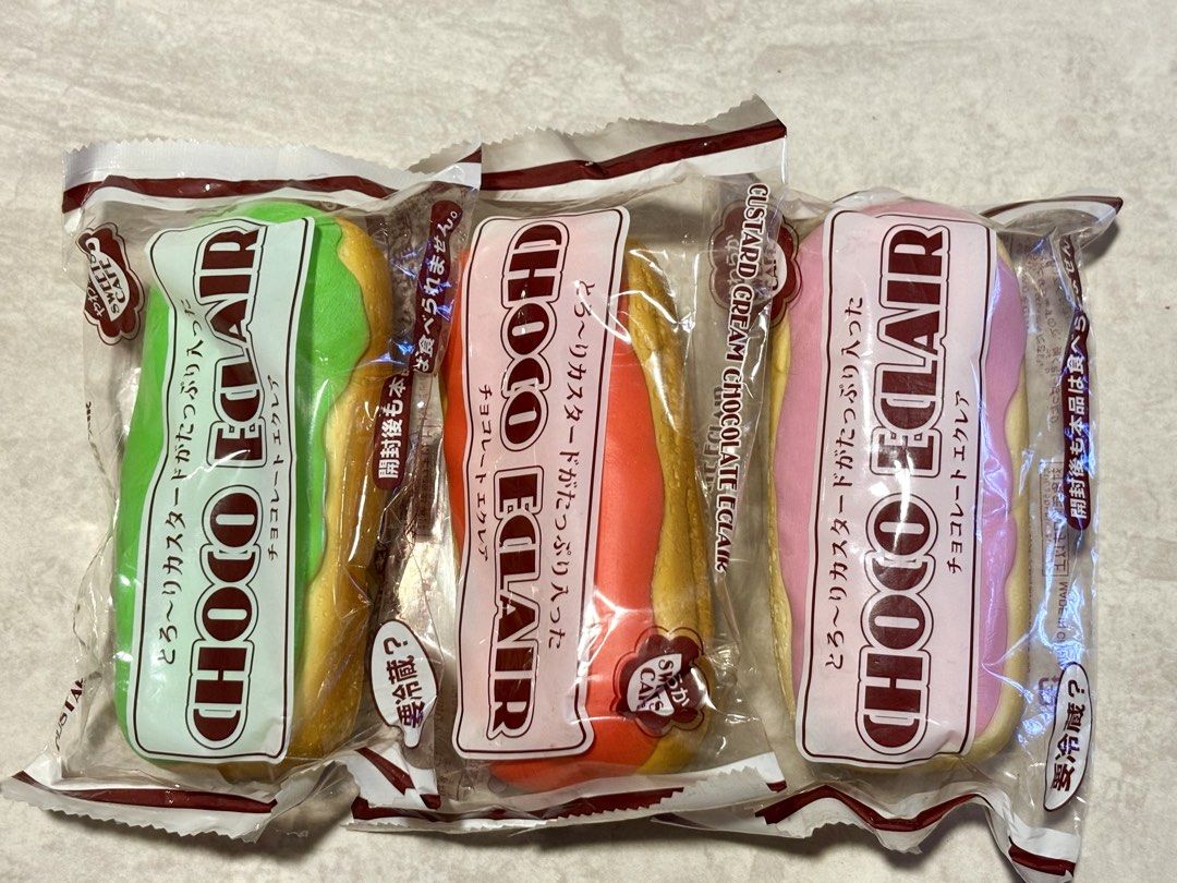 Authentic Choco Eclair Squishy (Category: Plushies & Soft Toys) located in Singapore. Submitted by lazyshiro999 (Listing ID 1447214531, Image 1). Description: Brand New in Original Packaging. Please note : May have some minor cracks due to age, but it’s completely unplayed. Available: Red/Green: $6 each Pink: $8 each Check out my full set listing here: https://carousell.app.link/m1PznblGr4b Self-collection available at Blk 319, Hougang Ave 5 or p
