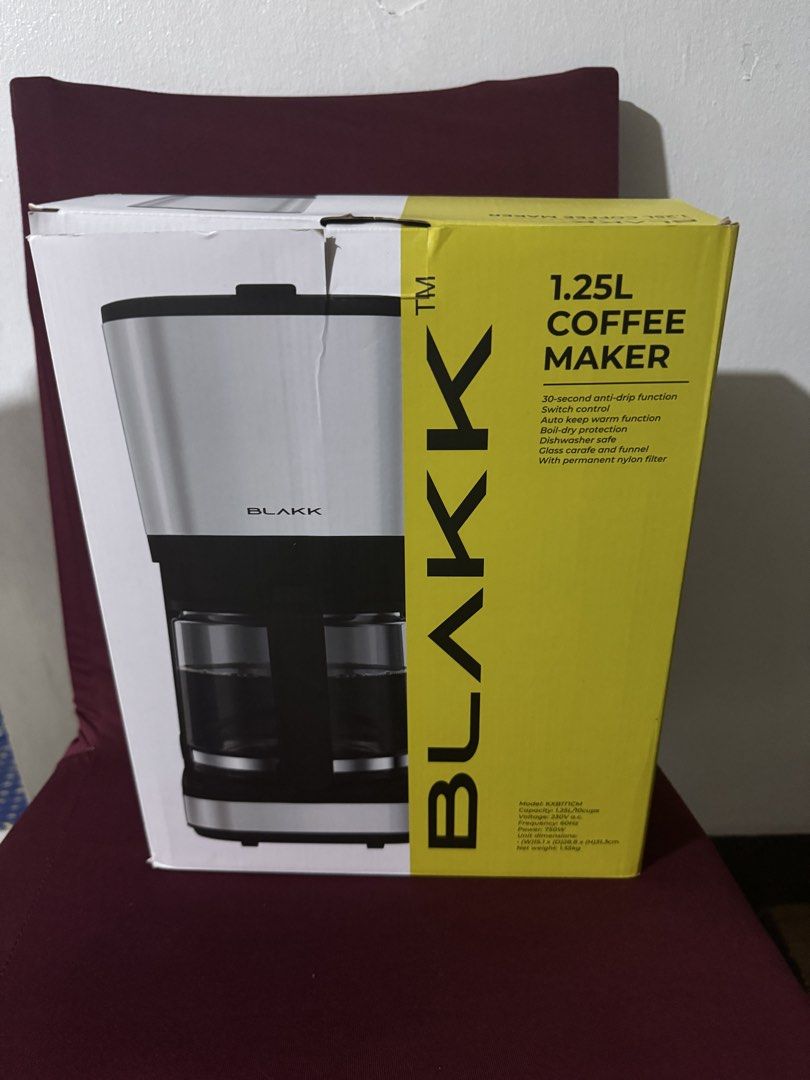 BLAKK 1.25L Coffee Maker with Permanent Filter (Category: Coffee Machines & Makers) located in Manila. Submitted by ajbc199621518 (Listing ID 1447245379, Image 1). Description: - BLAKK 1.25L Coffee Maker - 30-second anti-drip function - Easy switch control - Auto keep warm function - Boil-dry protection for safety - Glass carafe and funnel are dishwasher safe - Comes with a permanent nylon filter.