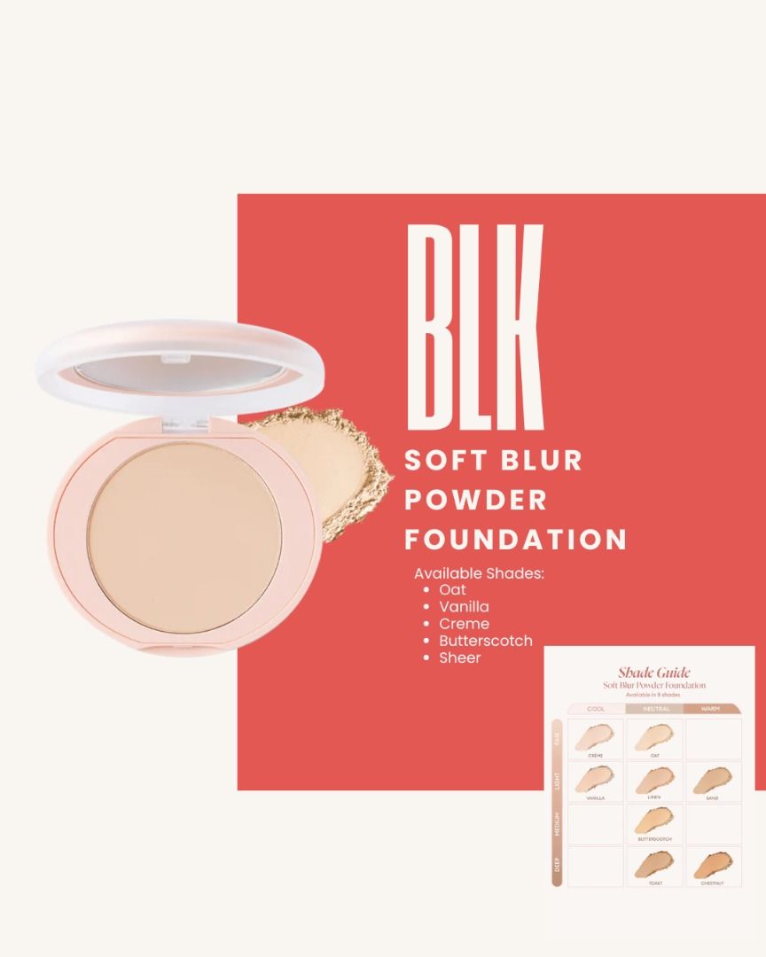 BLK Soft Blur Powder Foundation (Category: Makeup) located in Quezon City. Submitted by lux4cheapmnl216 (Listing ID 1447274628, Image 1). Description: - BLK Soft Blur Powder Foundation - Achieve a soft blur finish - Available shades: Oat, Vanilla, Creme, Butterscotch, Sheer - Refer to the shade guide to find your perfect match.