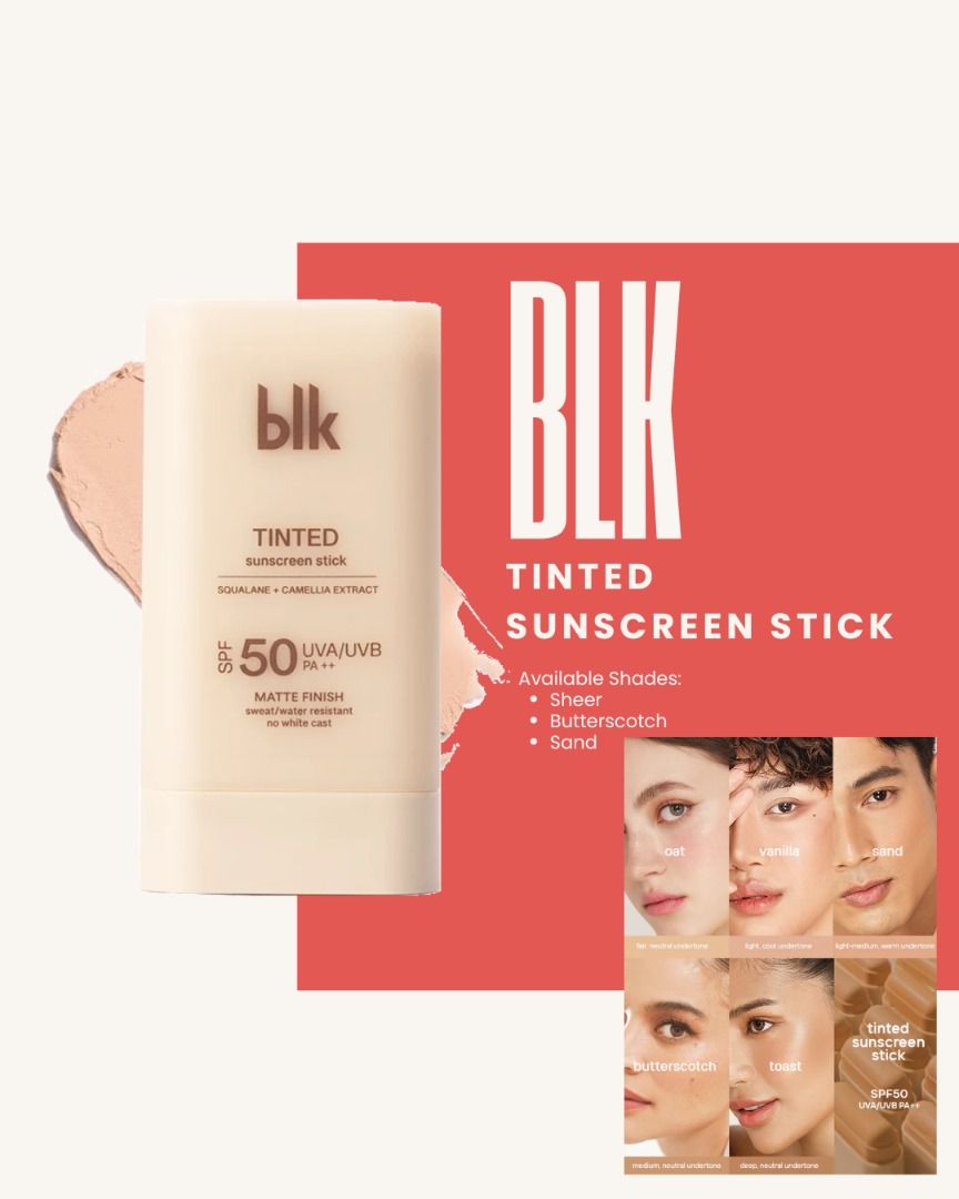 BLK Tinted Sunscreen Stick SPF 50 (Category: Face Care) located in Quezon City. Submitted by lux4cheapmnl216 (Listing ID 1447274499, Image 1). Description: - BLK Tinted Sunscreen Stick SPF 50 - Matte finish for a shine-free look - Sweat and water-resistant - No white cast, blends seamlessly - Enriched with Squalane & Camellia Extract - Available shades: Sheer, Butterscotch, Sand - Perfect for everyday sun protection with a natural tint.