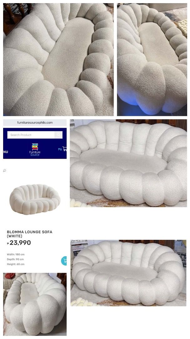 Blomma Lounge Sofa (White) - Unique Cloud Design (Category: Sofas) located in Binangonan. Submitted by ja-collection (Listing ID 1447207916, Image 1). Description: - Super cute Blomma lounge sofa in white. - Unique cloud-like, puffy design. - Soft, textured boucle material. - Perfect for living rooms or cozy reading nooks. - Statement piece that's truly eye-catching. - Dimensions: Width 166cm, Depth 98cm, Height 68cm..