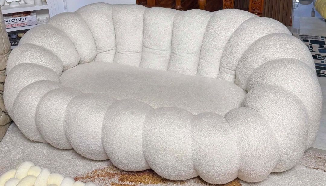 Blomma Lounge Sofa (White) - Unique Cloud Design (Category: Sofas) located in Binangonan. Submitted by ja-collection (Listing ID 1447207916, Image 3). Description: - Super cute Blomma lounge sofa in white. - Unique cloud-like, puffy design. - Soft, textured boucle material. - Perfect for living rooms or cozy reading nooks. - Statement piece that's truly eye-catching. - Dimensions: Width 166cm, Depth 98cm, Height 68cm..