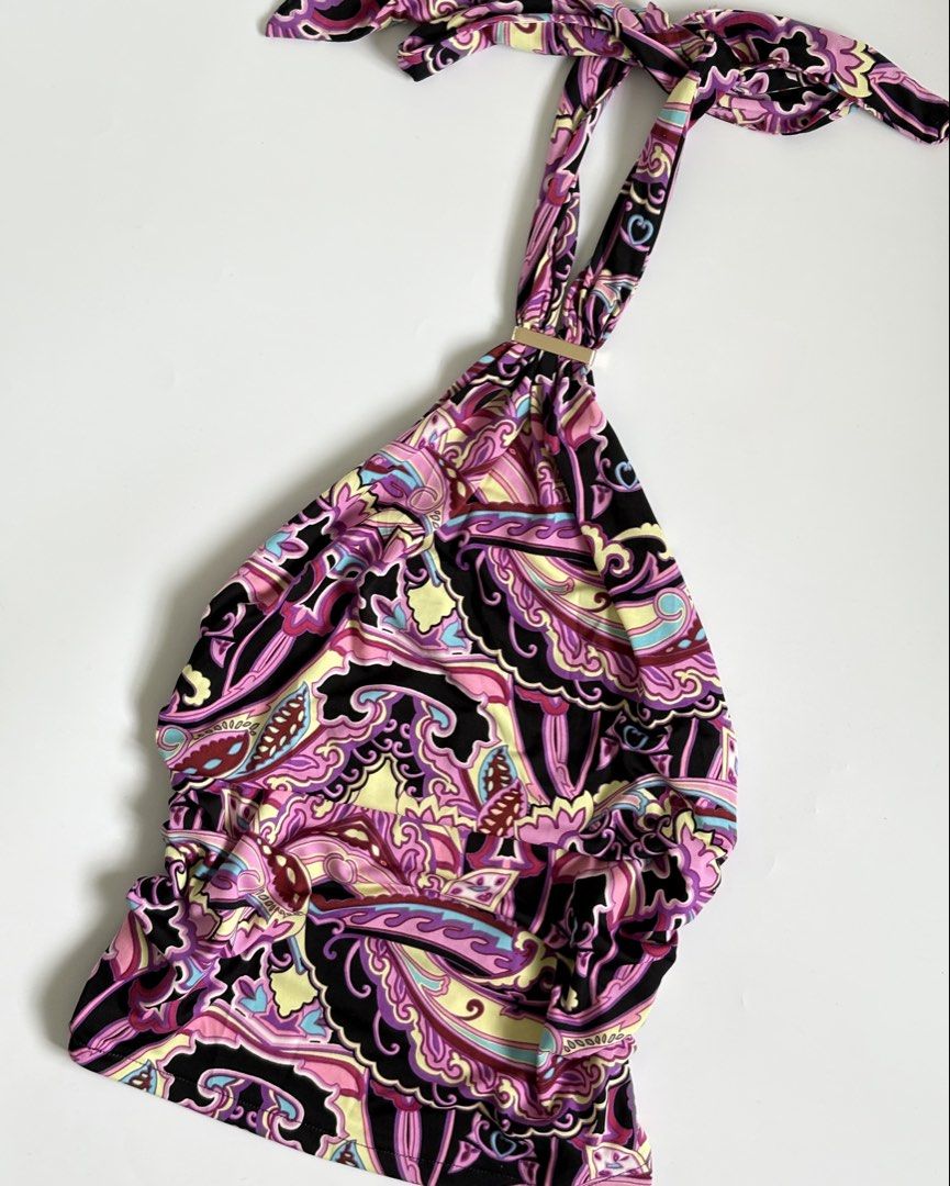 Boho Paisley Halter Top with Ring Detail (Category: Sleeveless) located in Manila. Submitted by secondtimearound__ (Listing ID 1447221710, Image 2). Description: - Fun halter top with vibrant paisley print - Features a stylish gold-tone ring detail at the bust - Ties at the neck and back for a customizable, adjustable fit - Stretchy fabric with flattering ruched sides - Versatile: great for a beach day or a night out!.