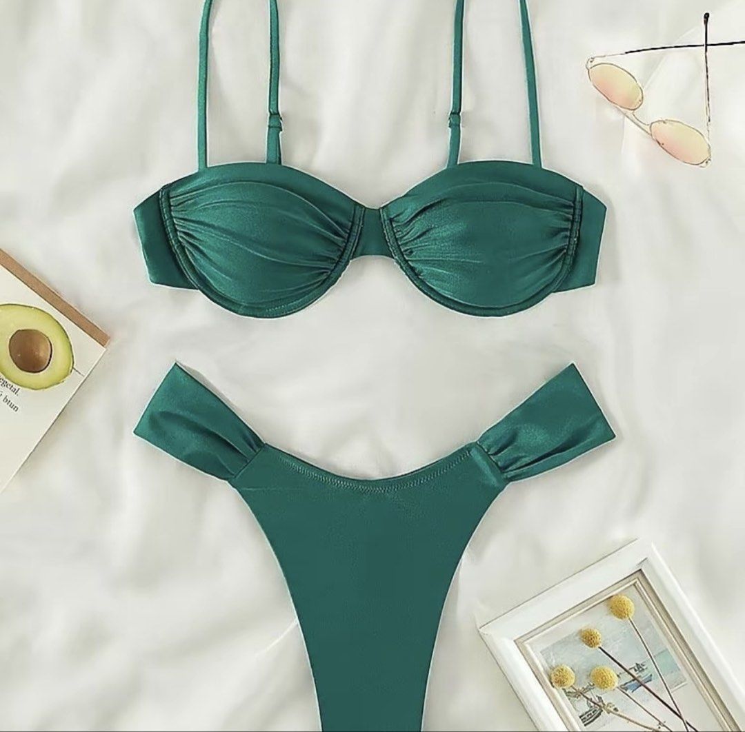 Brazilian Two Piece Swimsuit (Category: Bikinis & Swimsuits) located in Manila. Submitted by dukseon (Listing ID 1447152651, Image 1). Description: - Emerald green bikini set - Ruched sweetheart neckline top with adjustable straps - Used once.