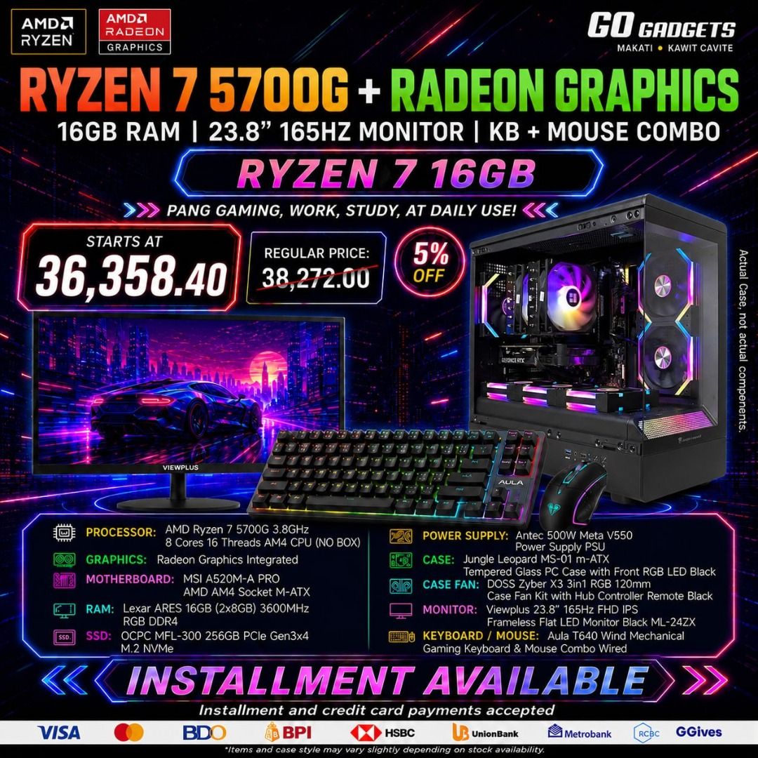 BUILD YOUR DREAM GAMING PC SETUP (Category: Desktops) located in Caloocan City. Submitted by kentsalvador31 (Listing ID 1447204217, Image 2). Description: 💻 Available PC Sets: ⚡ Ryzen 3 3200G + Vega 8 — ₱16,020 ⚡ Ryzen 5 3400G — ₱19,795 ⚡ Ryzen 5 5600GT 16GB Set — ₱28,093 ⚡ Ryzen 7 5700G 16GB Set — ₱36,358 ⚡ Ryzen 5 5600 + RTX 3050 — ₱49,287 ⚡ Ryzen 7 7700 + RTX 5050 — ₱90,999 Mode of Delivery: -Lalamove same day delivery -LBC / AP Cargo Nationw