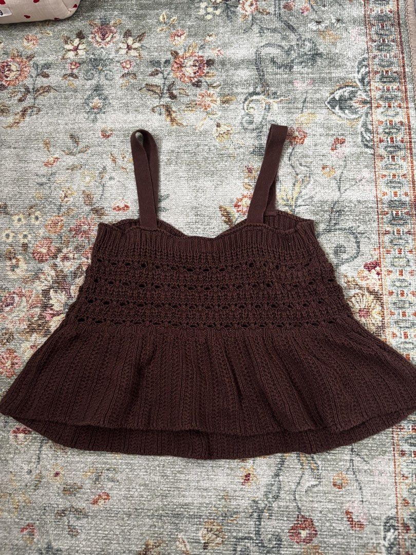 CALLIOPE Brown Knit Cropped Top Size S (Category: Blouses) located in Agdangan. Submitted by prelovedbymfl (Listing ID 1447188458, Image 3). Description: - Brand: CALLIOPE - Color: Brown - Style: Knit top - Neckline: Sweetheart with adjustable straps - Details: Crochet detail across bust, peplum hem - Estimated Size: S - Versatile: Great for layering or wearing alone.