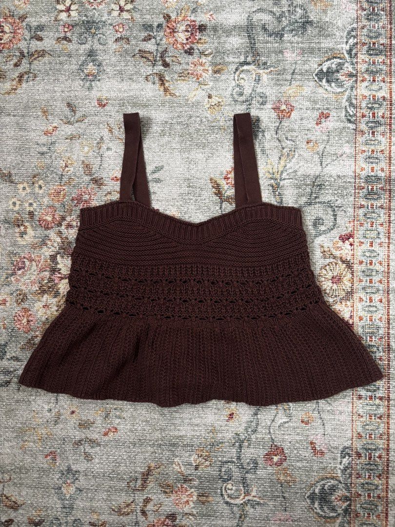 CALLIOPE Brown Knit Cropped Top Size S (Category: Blouses) located in Agdangan. Submitted by prelovedbymfl (Listing ID 1447188458, Image 1). Description: - Brand: CALLIOPE - Color: Brown - Style: Knit top - Neckline: Sweetheart with adjustable straps - Details: Crochet detail across bust, peplum hem - Estimated Size: S - Versatile: Great for layering or wearing alone.