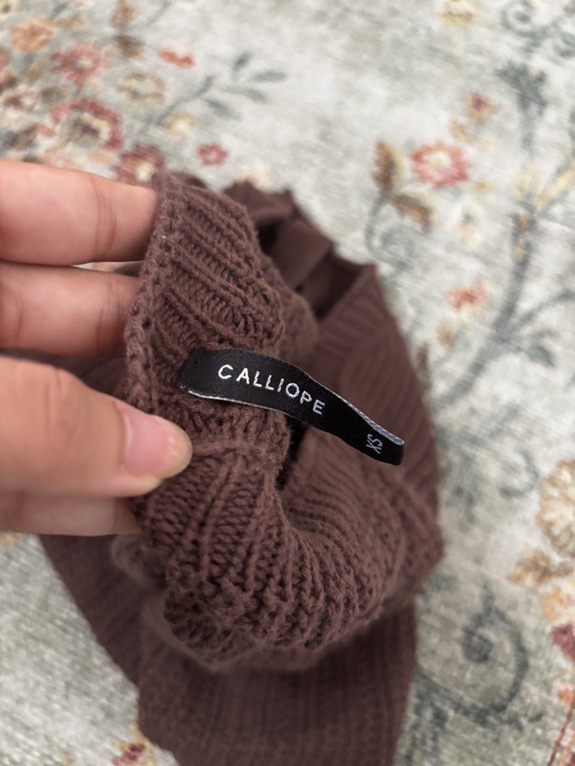 CALLIOPE Brown Knit Cropped Top Size S (Category: Blouses) located in Agdangan. Submitted by prelovedbymfl (Listing ID 1447188458, Image 2). Description: - Brand: CALLIOPE - Color: Brown - Style: Knit top - Neckline: Sweetheart with adjustable straps - Details: Crochet detail across bust, peplum hem - Estimated Size: S - Versatile: Great for layering or wearing alone.