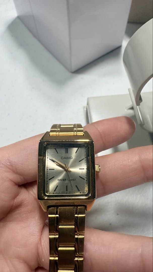 Casio Watch (Authentic) (Category: Women's Watches) located in Angeles City. Submitted by sum49 (Listing ID 1447246635, Image 2). Description: Case size (L× W× H): 31 × 22 × 7.5 mm Weight: 51 g Case and bezel material: Chrome plated Band: Stainless Steel Band Triple-fold Clasp Water resistance Water Resistant Power supply and battery life Approx. battery life: 3 years on SR626SW.