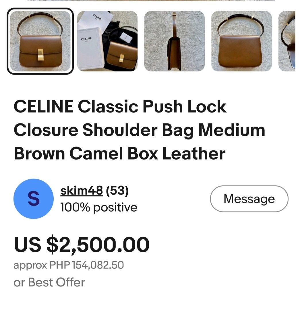 CELINE Classic Push Lock Shoulder Bag Medium Brown Camel Box Leather (Category: Luxury Bags & Wallets) located in Bago City. Submitted by louielinco (Listing ID 1447292868, Image 2). Description: - CELINE Classic Push Lock shoulder bag - Medium size - Rich brown camel box leather - Elegant gold-tone push lock closure - Adjustable shoulder strap for comfort - A versatile and timeless accessory for day or night.