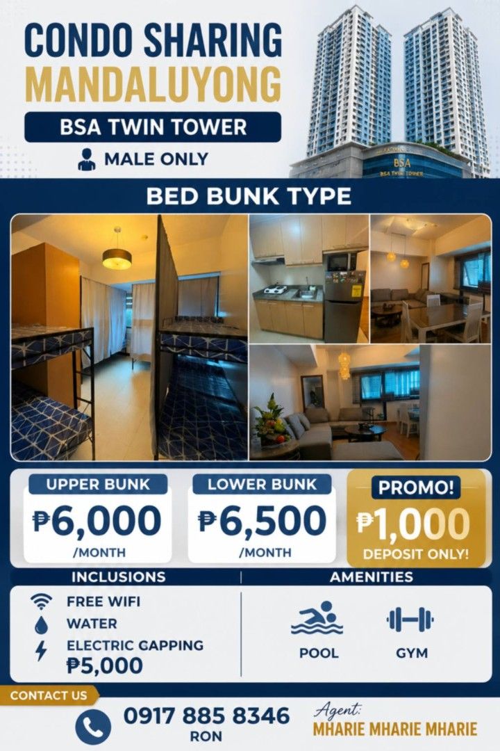 Condo sharing (Category: Apartments & Condos) located in Manila. Submitted by mharie_1983 (Listing ID 1447249322, Image 1). Description: 📢OPENED MALE BEDSPACE IN ORTIGAS! 📢 🎉 MOVE-IN PROMO: ₱1,000 DEPOSIT ONLY! 🎉 Looking for a clean, comfortable, and affordable place near your workplace or school? We’ve got the perfect spot for you! 🛏️ BEDSPACE RATES (ALL-IN) 💰 ₱6,500 – Lower Bunk 💰 ₱6,000 – Upper Bunk ✅ Inclusive of: • Air Conditioning • 