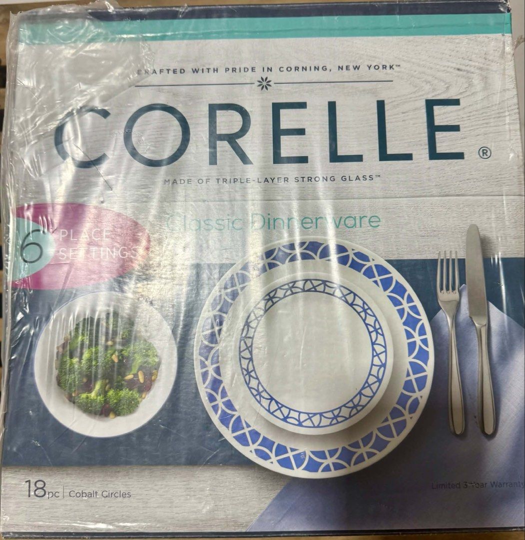 Corelle Classic Dinnerware 18pc Cobalt Circles 6 Place Settings (Category: Dinnerware & Cutlery) located in Quezon City. Submitted by chuck427 (Listing ID 1447225485, Image 1). Description: - Corelle Classic Dinnerware Set - Cobalt Circles pattern - 18-piece set (6 place settings) - Made of triple-layer strong glass - Crafted in Corning, New York, USA - Ideal for everyday meals and special occasions - Includes plates and bowls - Price: ₱6,000 onl
