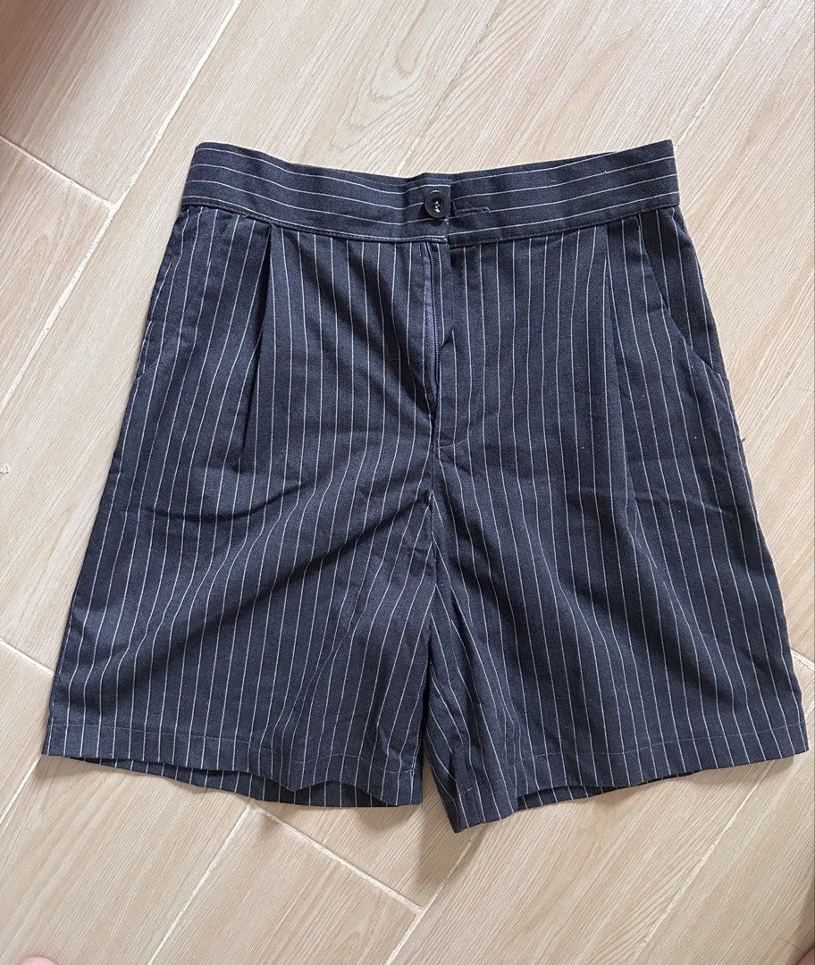Dark Grey Pinstripe High-Waisted Shorts (Category: Shorts) located in Antipolo. Submitted by waco1313 (Listing ID 1446756290, Image 2). Description: - High-waisted design - Classic dark grey with thin white pinstripes - Front button and zip closure - Two functional side pockets - Hemline falls around the knee - Ideal for a smart casual look.