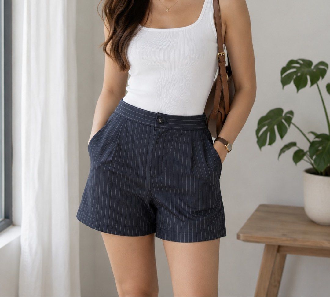 Dark Grey Pinstripe High-Waisted Shorts (Category: Shorts) located in Antipolo. Submitted by waco1313 (Listing ID 1446756290, Image 1). Description: - High-waisted design - Classic dark grey with thin white pinstripes - Front button and zip closure - Two functional side pockets - Hemline falls around the knee - Ideal for a smart casual look.