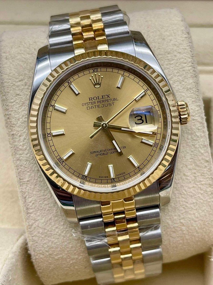 DATEJUST 36 CHAMPAGNE INDEX (Category: Luxury Watches) located in Manila. Submitted by watchesbyjamesdy (Listing ID 1447187186, Image 2). Description: - Classic Rolex Datejust - Two-tone stainless steel and 18k gold construction - Elegant champagne dial - Iconic fluted bezel - Reliable automatic movement with date complication - Comfortable Jubilee bracelet - A truly timeless addition to any watch collection.