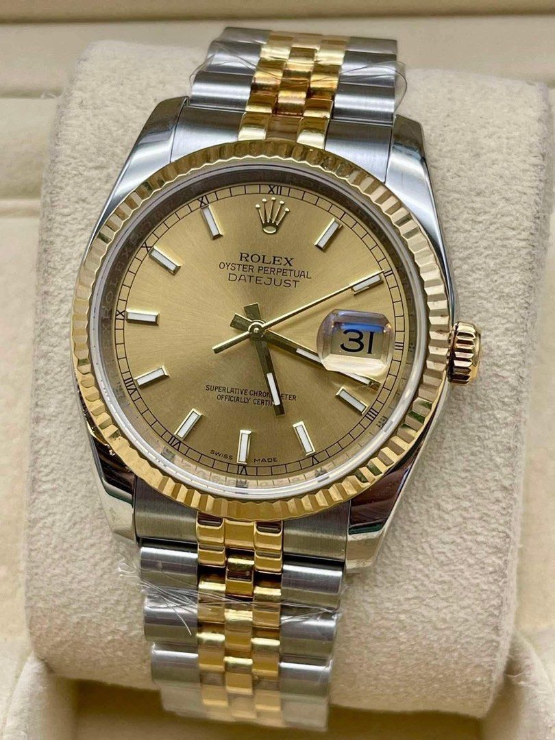 DATEJUST 36 CHAMPAGNE INDEX (Category: Luxury Watches) located in Manila. Submitted by watchesbyjamesdy (Listing ID 1447187186, Image 1). Description: - Classic Rolex Datejust - Two-tone stainless steel and 18k gold construction - Elegant champagne dial - Iconic fluted bezel - Reliable automatic movement with date complication - Comfortable Jubilee bracelet - A truly timeless addition to any watch collection.