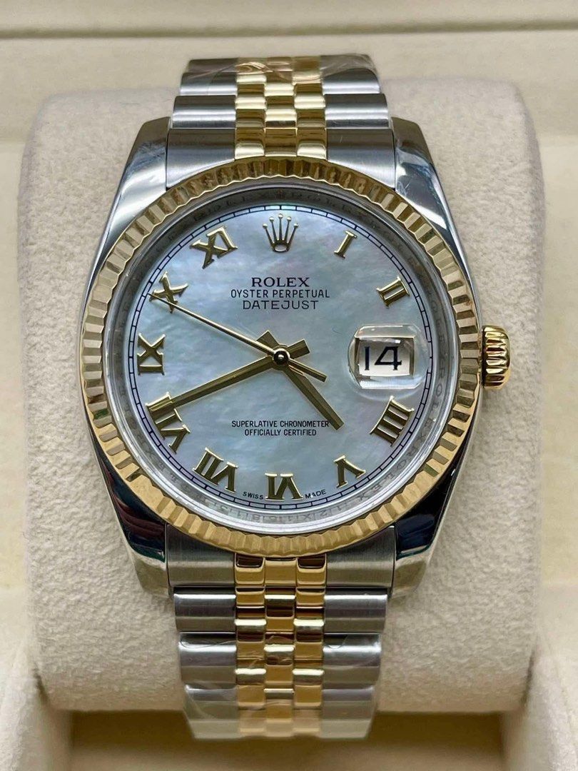 DATEJUST 36 ROMAN MOP TWO TONE YG. (Category: Luxury Watches) located in Manila. Submitted by watchesbyjamesdy (Listing ID 1447187521, Image 1). Description: - Authentic Rolex Oyster Perpetual Datejust - Two-tone: Stainless Steel and 18k Yellow Gold - Stunning Mother of Pearl dial with elegant Roman numerals - Classic fluted bezel - Comfortable and iconic Jubilee bracelet - Date window at 3 o'clock - Superlative Chronometer Officially Certified f