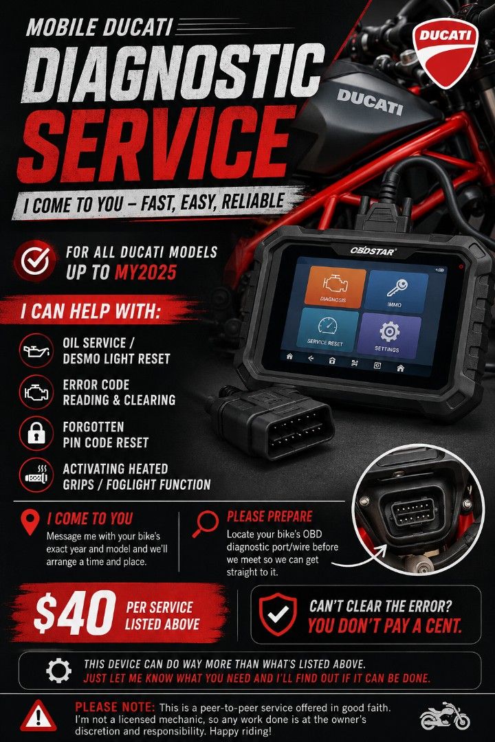 Ducati diagnostic/error code clearing (Category: Motorcycle Accessories) located in Singapore. Submitted by jtailford (Listing ID 1447146480, Image 1). Description: Fellow Ducati owners, I recently picked up an OBDstar diagnostic tool and have been using it on my Diavel to clear service intervals and reset my PIN. Figured I'd offer the same to fellow riders who need it done. It works for all Ducati models up to MY2025. Here's what I can help with