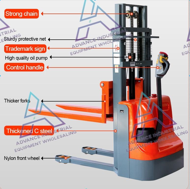 Electric Stacker Forklift Pallet Jack (Category: Construction Tools & Equipment) located in Quezon City. Submitted by msochea (Listing ID 1447268036, Image 3). Description: - Heavy-duty electric stacker ideal for warehouse use. - Features a strong chain and thick forks for robust lifting. - Equipped with a high-quality oil pump for reliable operation. - Includes a sturdy protective net for enhanced safety. - Easy to control via the handle. - Smoo