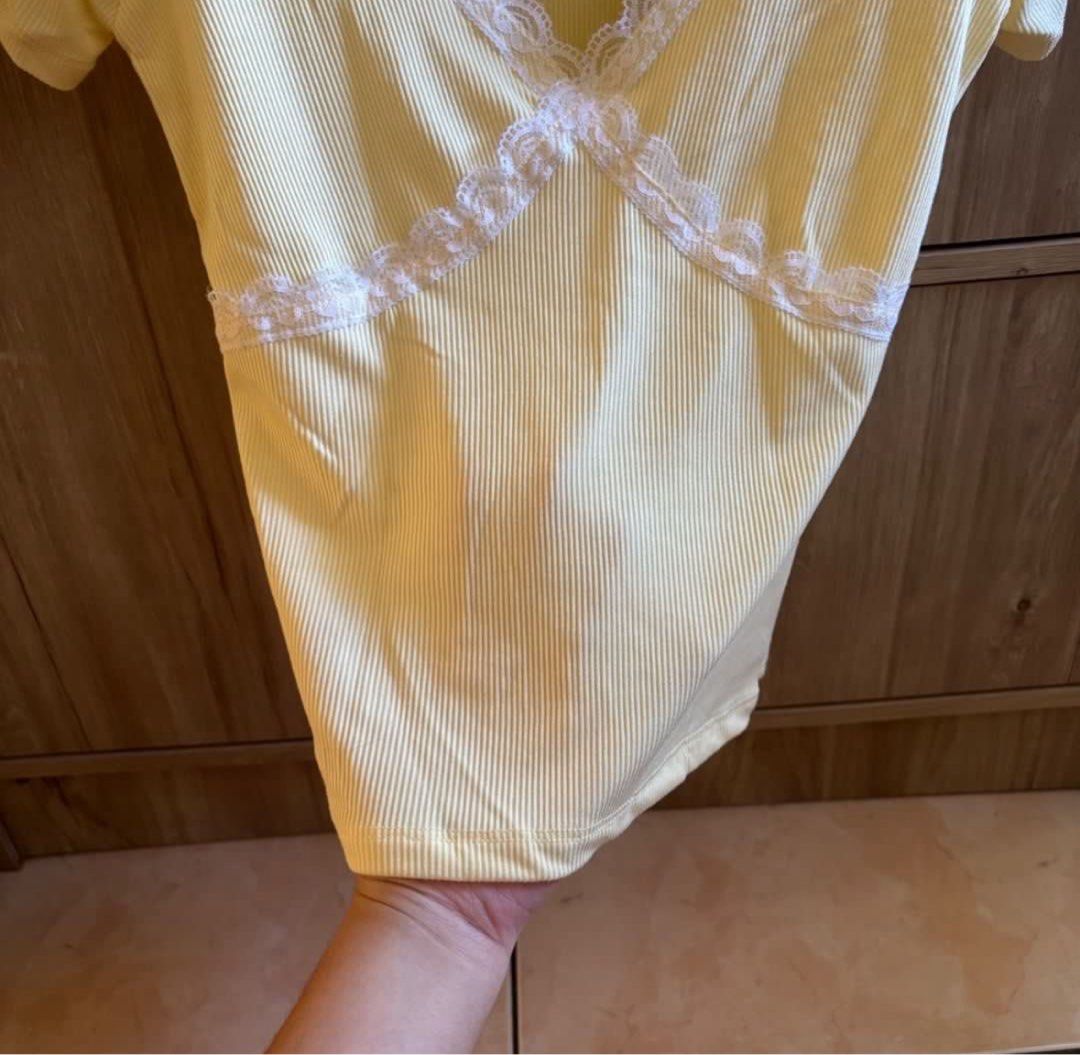 Girl Code Yellow Lace Trim V-Neck Ribbed Top (Category: Sleeveless) located in Silang. Submitted by declutterswuni (Listing ID 1447207983, Image 3). Description: - also available in light pink and maroon (both size small) - Cute yellow top from Girl Code - V-neck with white lace trim - Ribbed texture all over - Short sleeves .