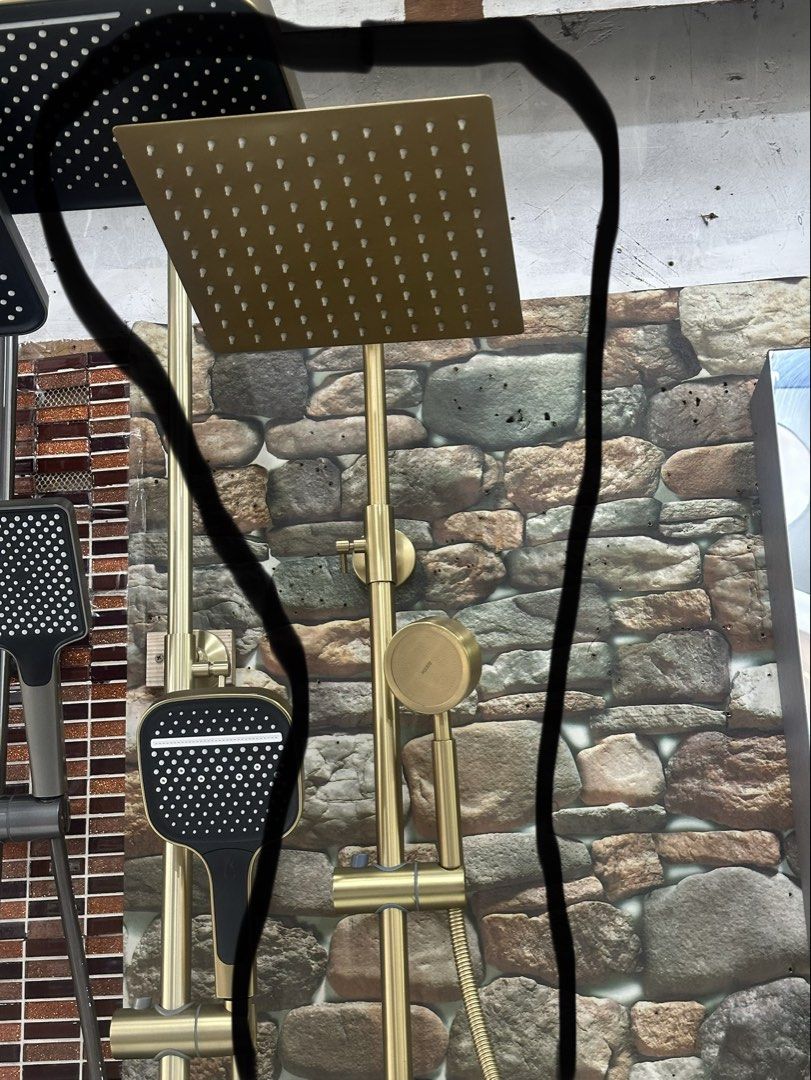 Gold Square Rainfall Shower Head Set with Handheld Sprayer (Category: Bathroom & Kitchen Fixtures) located in Pasay City. Submitted by behua (Listing ID 1447169891, Image 3). Description: - Complete shower set in elegant brushed gold finish. - Includes large square rainfall shower head for a luxurious experience. - Comes with a convenient handheld sprayer. - Features a diverter valve to switch between shower heads. - Flexible hose included for ad