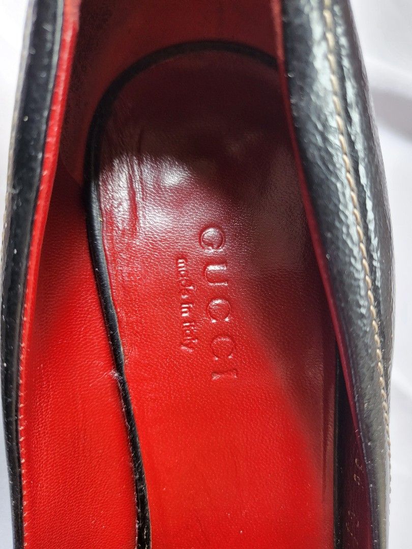 Gucci black leather peep-toe heels (Category: Heels) located in Makati City. Submitted by nvdluxurygoods (Listing ID 1447185559, Image 3). Description: Ready to ship Gucci black leather peep-toe heels feature distinct bamboo detailing on the bow. size 6 on tag, but size 7 exact. depends on your feet (let me know willing to assist you properly).