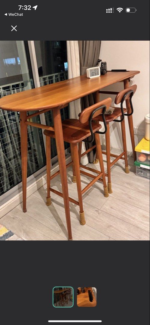 high table (Category: Tables & Sets) located in Singapore. Submitted by melonbig (Listing ID 1447218976, Image 1). Description: table length 1.34mxwidth 0.46xheight 1mm 2 chairs 0.7m height.