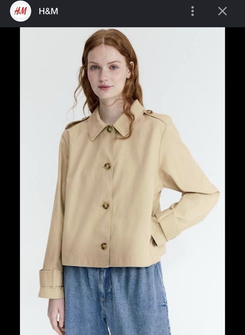 H&M Beige Cropped Jacket with Button Closure (Category: Coats, Jackets and Outerwear) located in Muntinlupa City. Submitted by aoki29 (Listing ID 1447258748, Image 1). Description: Women’s beige trench-look cotton jacket from hnm.