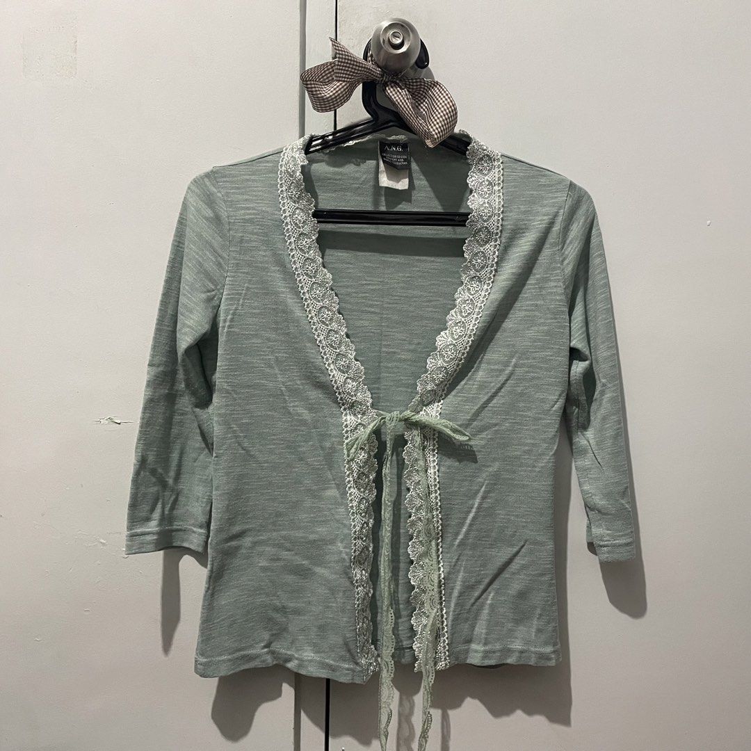Light Green Lace Trim Tie Front Cardigan (Category: Coats, Jackets and Outerwear) located in Quezon City. Submitted by declutteriea (Listing ID 1447257906, Image 1). Description: notes: - probably suits S girlies more - no when worn pics :) mop: gcash mod: j&t, flash, ggx.