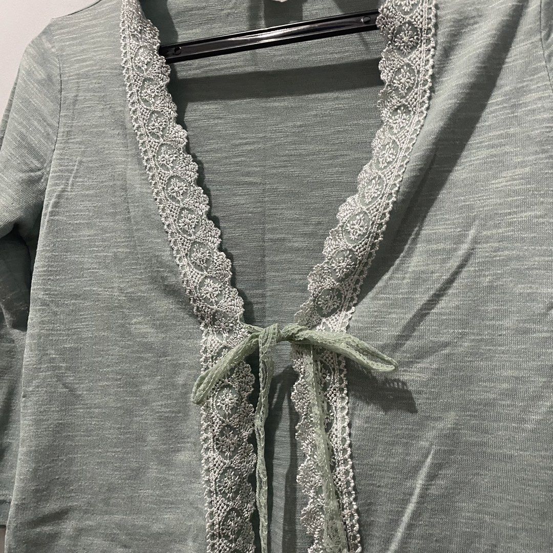 Light Green Lace Trim Tie Front Cardigan (Category: Coats, Jackets and Outerwear) located in Quezon City. Submitted by declutteriea (Listing ID 1447257906, Image 2). Description: notes: - probably suits S girlies more - no when worn pics :) mop: gcash mod: j&t, flash, ggx.