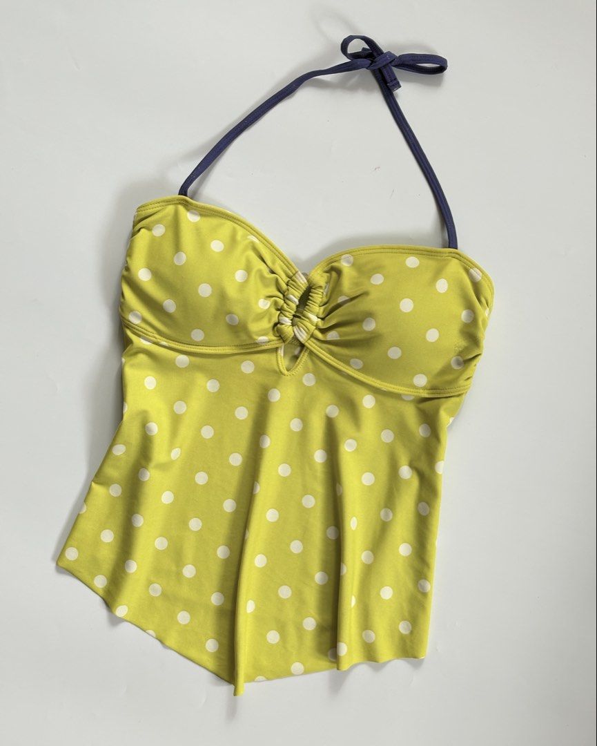 Lime Green Polka Dot Halter Swim Top (Category: Bikinis & Swimsuits) located in Manila. Submitted by secondtimearound__ (Listing ID 1447223327, Image 2). Description: - Cute lime green swim top with white polka dots - Halter neck with navy blue ties - Ruched bust detail - Flared hemline - Perfect for beach or pool days!.