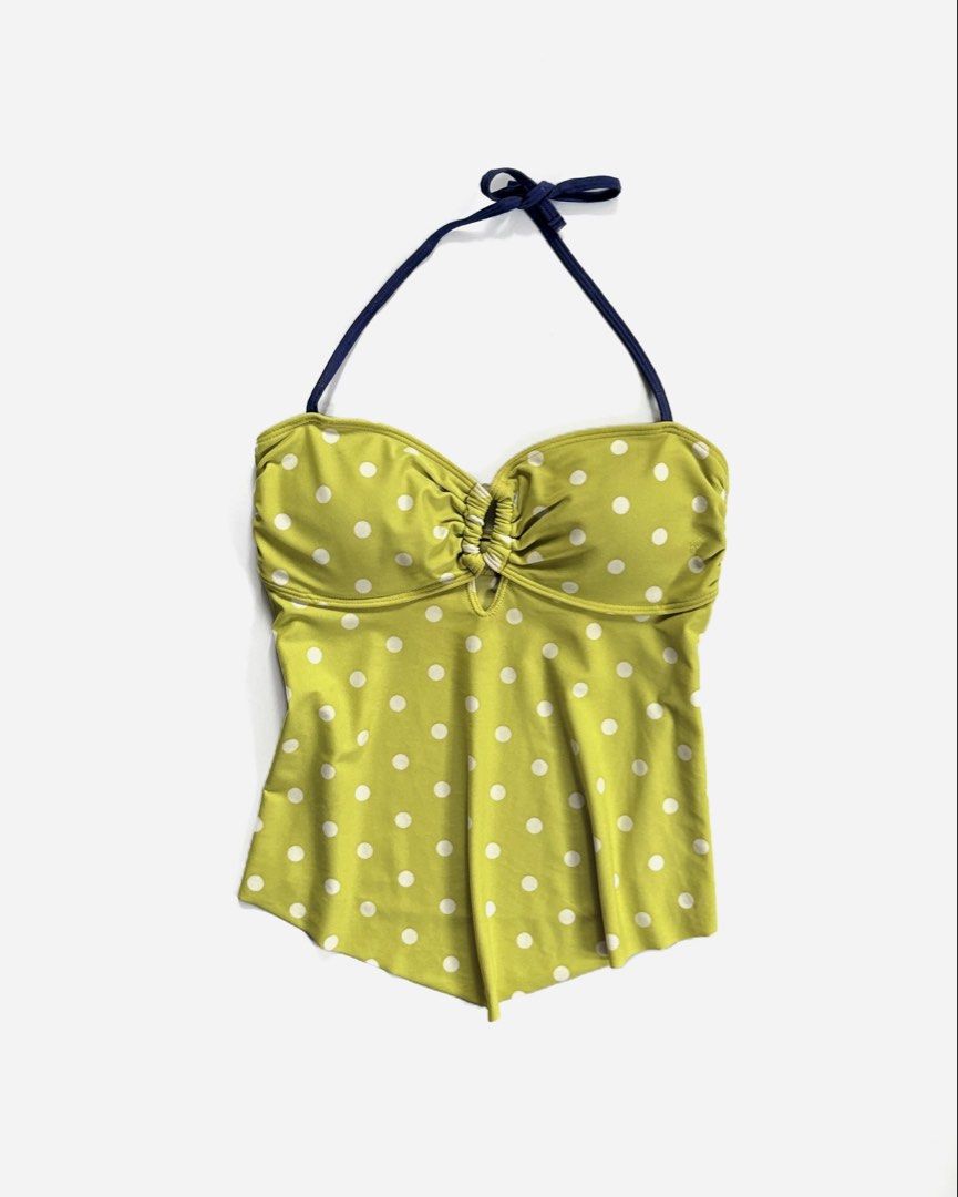 Lime Green Polka Dot Halter Swim Top (Category: Bikinis & Swimsuits) located in Manila. Submitted by secondtimearound__ (Listing ID 1447223327, Image 1). Description: - Cute lime green swim top with white polka dots - Halter neck with navy blue ties - Ruched bust detail - Flared hemline - Perfect for beach or pool days!.