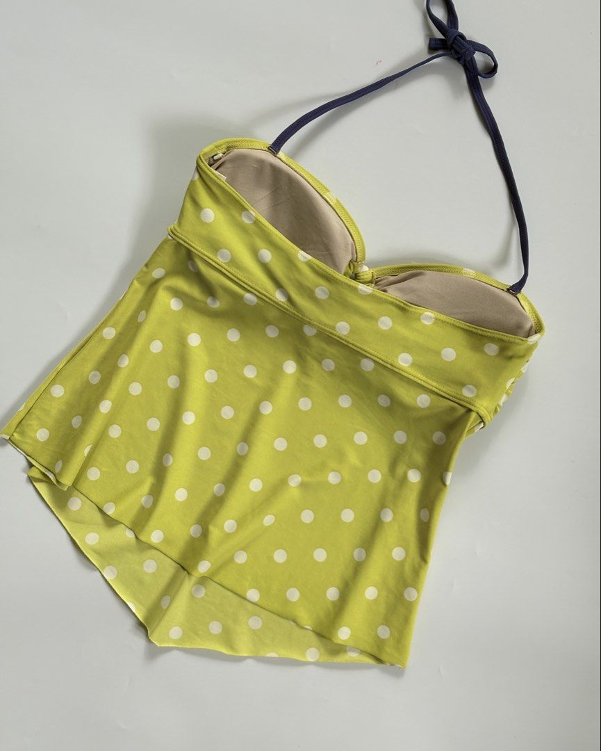 Lime Green Polka Dot Halter Swim Top (Category: Bikinis & Swimsuits) located in Manila. Submitted by secondtimearound__ (Listing ID 1447223327, Image 3). Description: - Cute lime green swim top with white polka dots - Halter neck with navy blue ties - Ruched bust detail - Flared hemline - Perfect for beach or pool days!.
