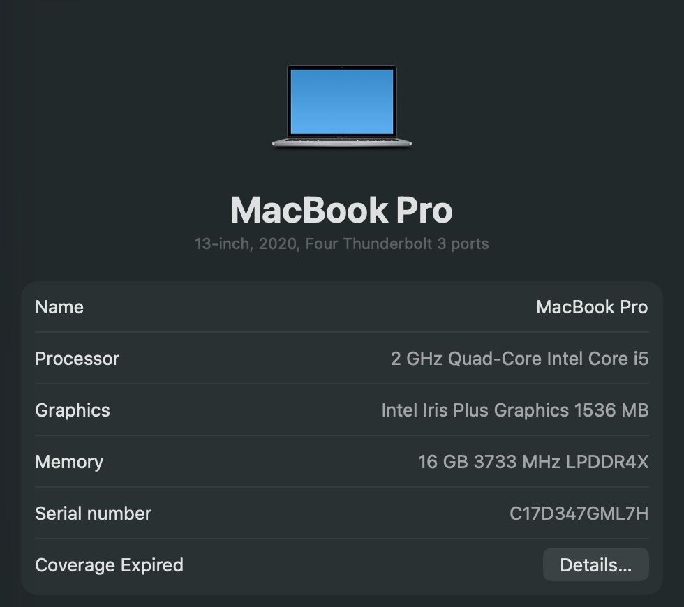 MacBook Pro 13-inch 2020 Intel Core i5 16GB RAM