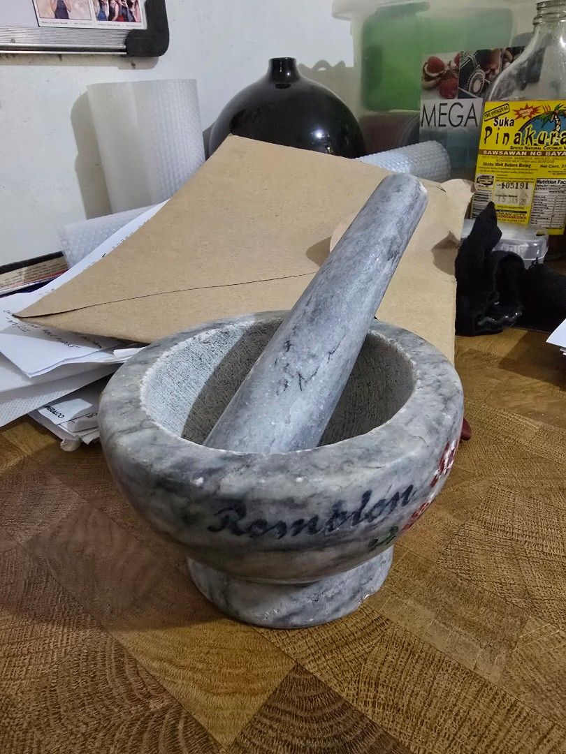 Marble Mortar and Pestle Set (Category: Other Kitchenware & Tableware) located in Makati City. Submitted by shopaholicsgallery (Listing ID 1447140617, Image 2). Description: - Heavy duty marble mortar and pestle - Ideal for grinding spices and herbs - Features beautiful grey veining - Pestle designed for a comfortable grip - Essential kitchen tool - RFS: decluttering.
