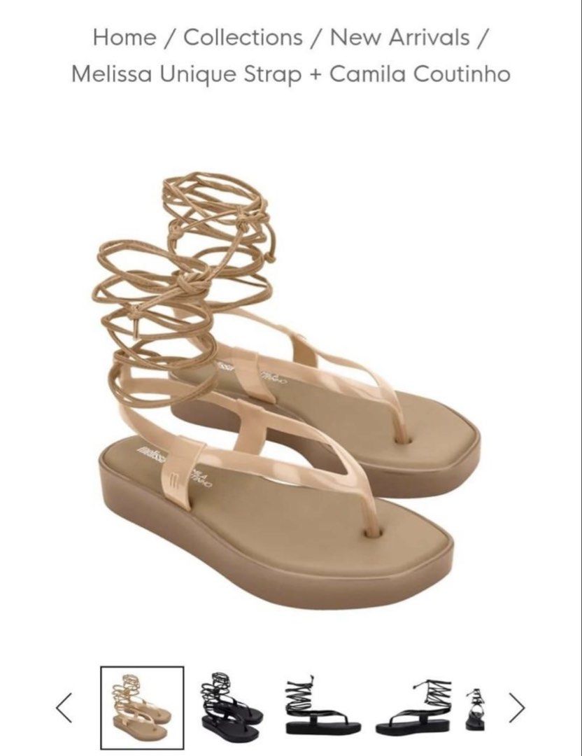 Melissa Unique Strap + Camila Coutinho Beige US5 (Category: Flats & Sandals) located in Bacoor. Submitted by mapcp (Listing ID 1447275580, Image 1). Description: - Melissa Unique Strap + Camila Coutinho sandals - Color: Beige - Glazed effect with lace-up straps - Platform sole - Size: US 5 - Includes original box Shipping c/o buyer.