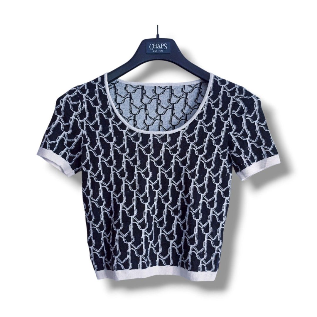 MISS SIXTY (Category: Blouses) located in Davao. Submitted by anythin6 (Listing ID 1447133327, Image 1). Description: - Cute cropped knit top from Miss Sixty - Navy and white repeating monogram pattern - Short sleeves - Scoop neckline - Ribbed cuffs and hem - Perfect for layering or wearing solo.