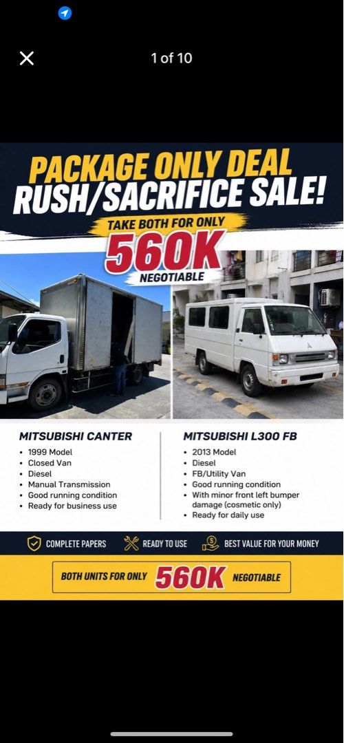 Mitsubishi L300 fb Fb Manual (Category: Heavy Vehicles) located in Makati City. Submitted by psysah (Listing ID 1447150055, Image 1). Description: Package 560k For 2 units Vehicle 1 – Mitsubishi Canter Closed Van Make/Model: Mitsubishi Canter Year Model: 1999 Body Type: Closed Van Fuel: Diesel Transmission: Manual (typical for this model) Condition: Used, running condition (based on photos) Good for: Delivery, logistics, moving services, business
