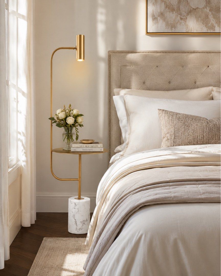 Modern Gold Floor Lamp with Built-in Side Table (Category: Lighting) located in Makati City. Submitted by ivykloset (Listing ID 1447129790, Image 2). Description: *Modern minimalist design * Brushed gold metal finish * Built-in round side table for books, coffee, plants, or décor * Heavy white marble base for stability * Warm, focused reading light * Space-saving and functional .