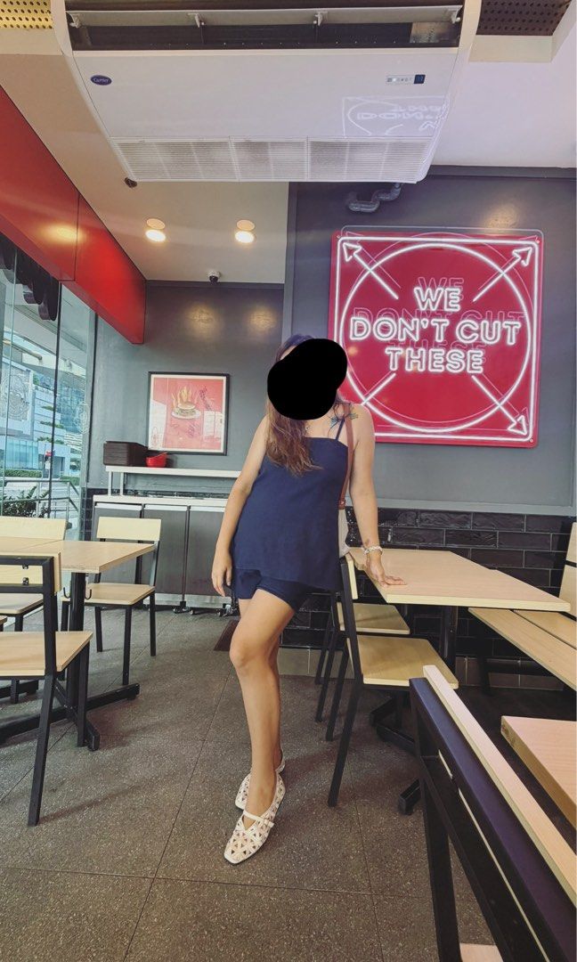 Navy Blue Spaghetti Strap Top and Shorts Set (Category: Sets or Coordinates) located in Pasay City. Submitted by sandybuggy (Listing ID 1447196861, Image 2). Description: Large -2xl - Navy blue set /jeans like - Flowy spaghetti strap top with square neckline - Matching relaxed fit shorts - Comfortable and chic - Versatile for lounging or going out.