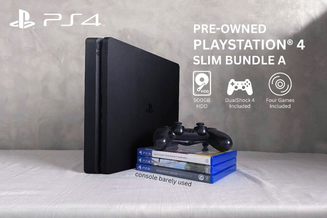 PLAYSTATION 4 (PS4) SLIM CONSOLE 500G (JET BLACK) (Category: PlayStation) located in Caloocan City. Submitted by eurydeceased (Listing ID 1447165122, Image 1). Description: BUNDLE A (Php 8,999): includes the console, one (x1) DualShock 4 controller, the power cord, and four games (Gran Turismo, both Horizon games, and AC: Odyssey) BUNDLE B (Php 7,499): just the console, controller, and power cord. Barely used. Bought around the end of pandemic er